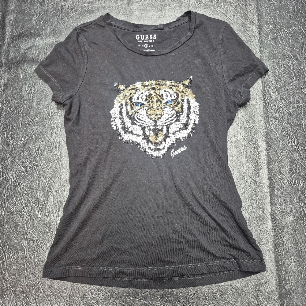 Guess Black Short-Sleeve Tee with Sequin Tiger Motif